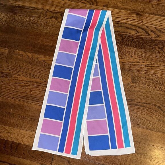 Vtg mid century Morsly Handkerchief Co multi color stripes & blocks long scarf - Picture 6 of 8